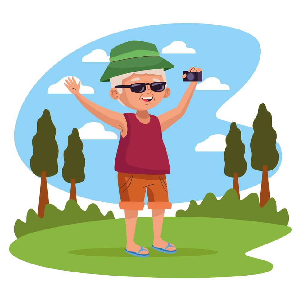old man with camera photographic in the park active senior vector