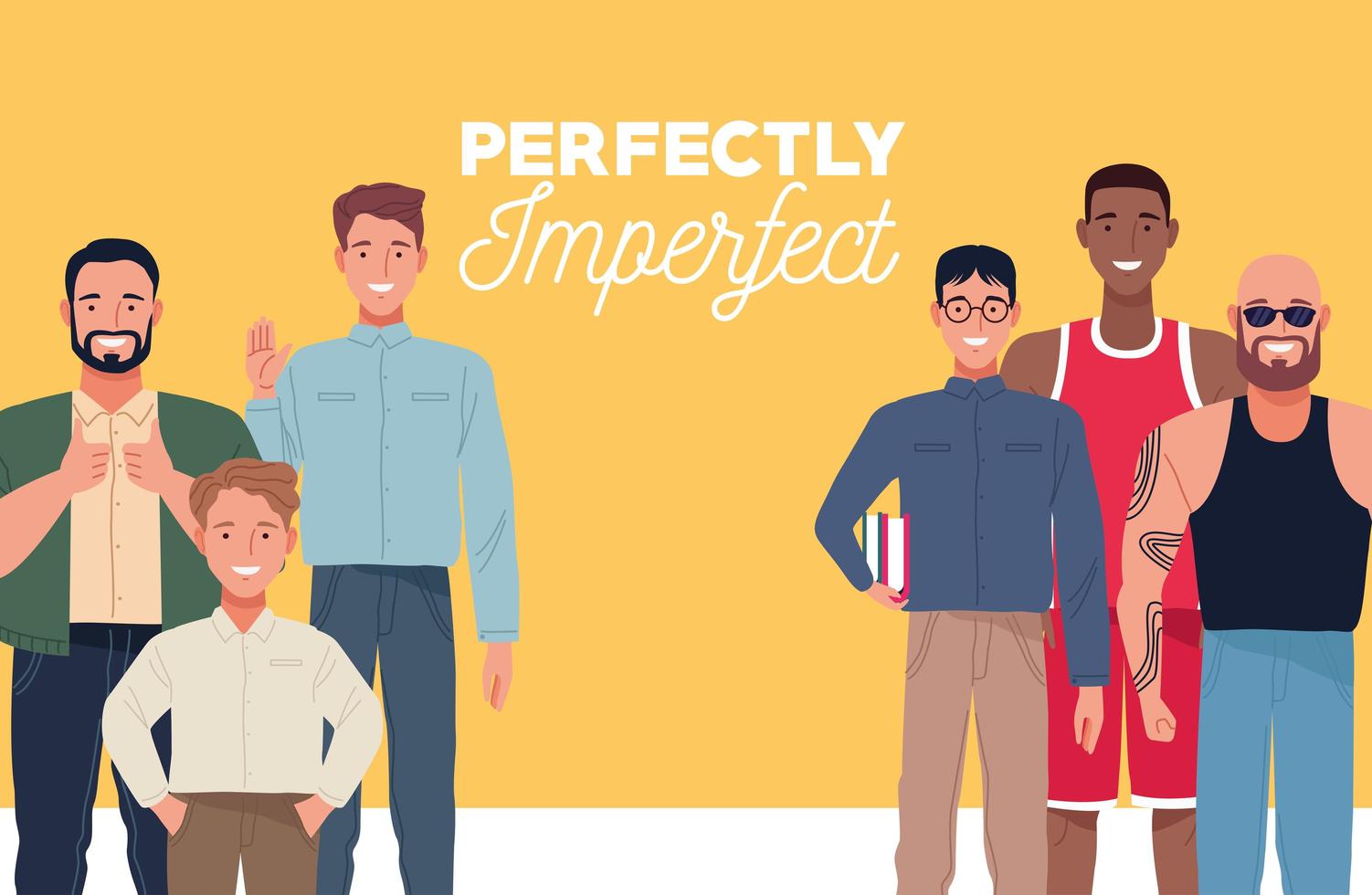 perfectly imperfect people group characters in yellow background vector