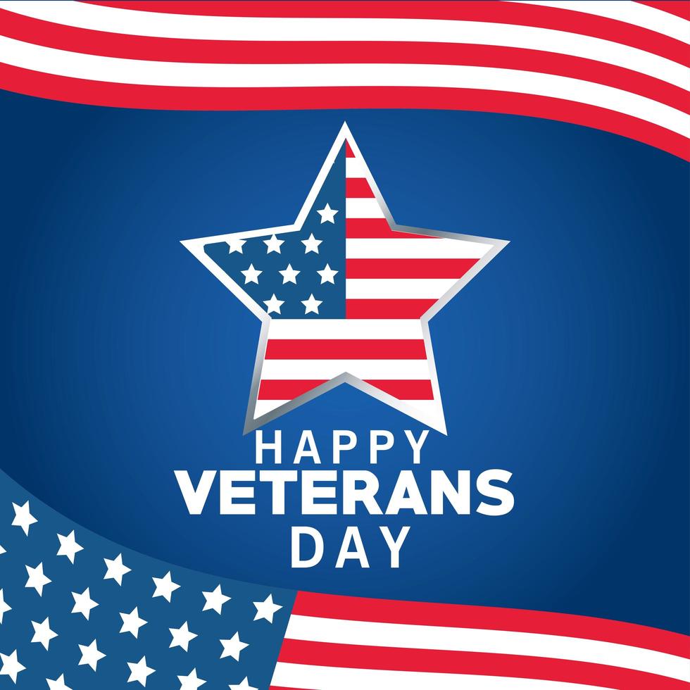 happy veterans day lettering with usa flag in star blue background vector