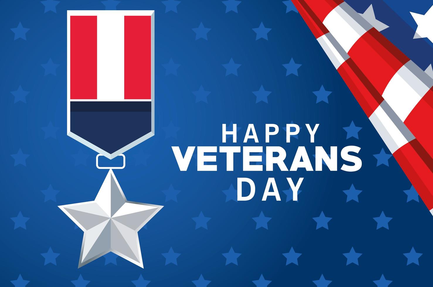 Feliz día de los veteranos letras con medalla de la bandera de EE. UU. en fondo azul vector
