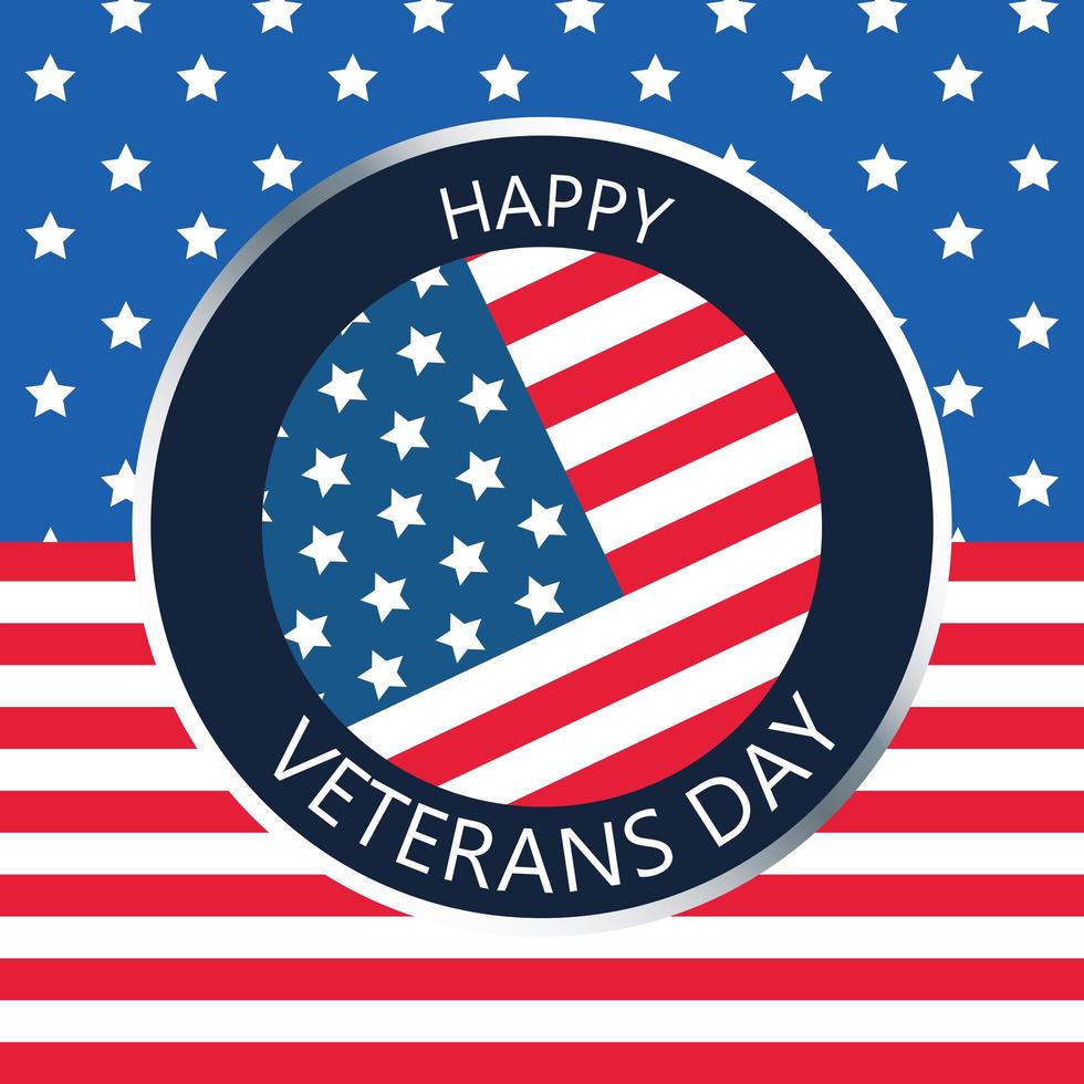 Botón de letras feliz día de los veteranos con fondo de bandera de Estados Unidos vector