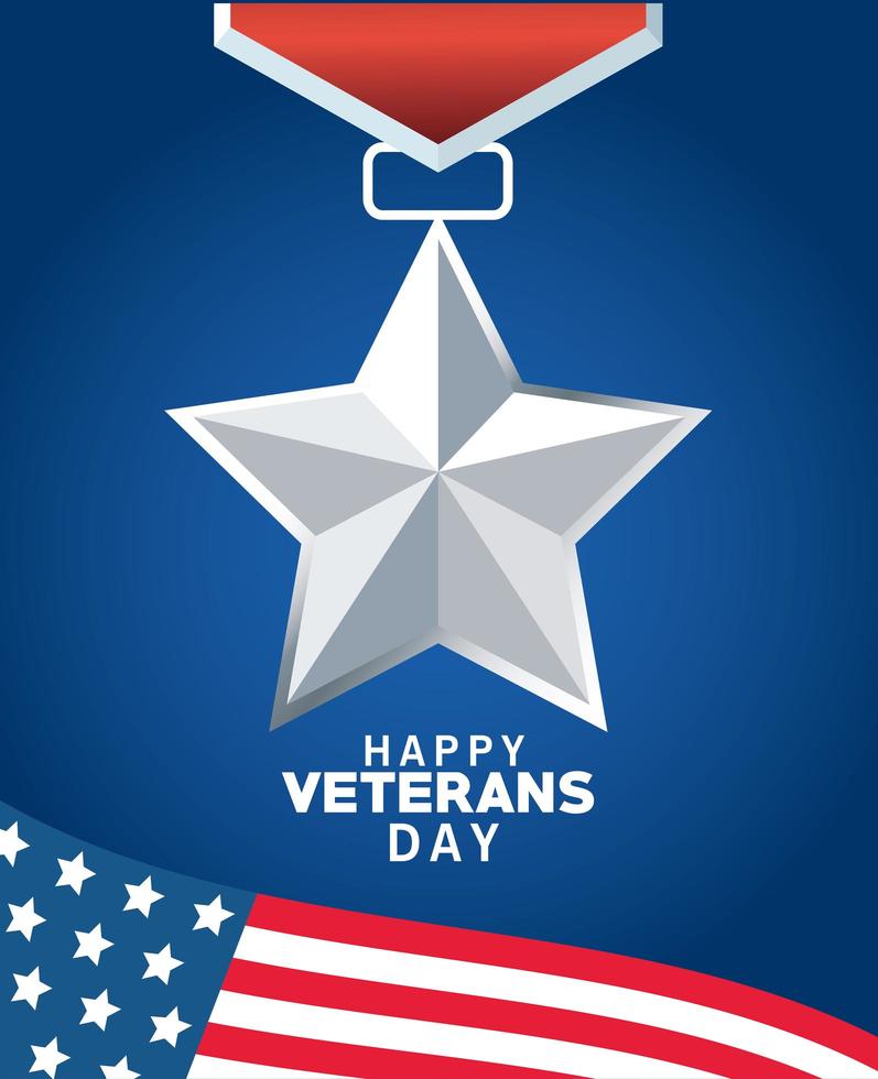 Feliz día de los veteranos letras con bandera de Estados Unidos y medalla en fondo azul. vector