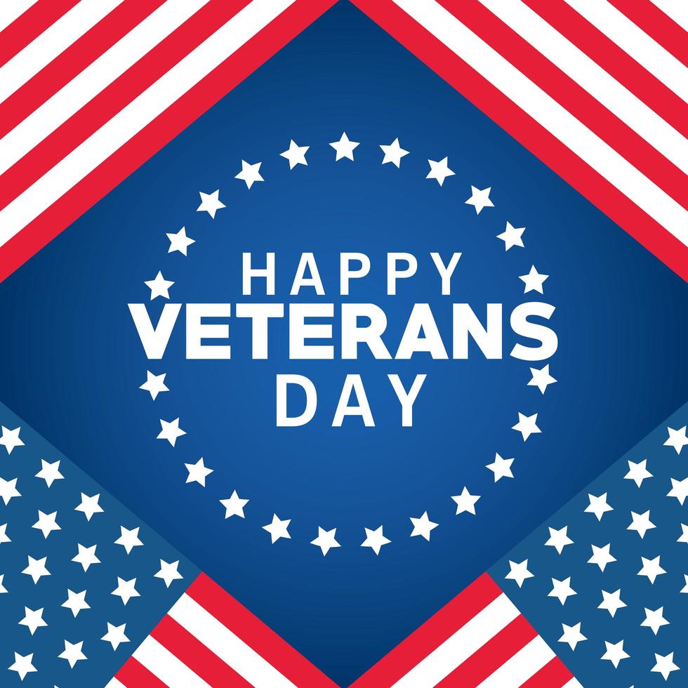 happy veterans day lettering with stars around and usa flag frame vector