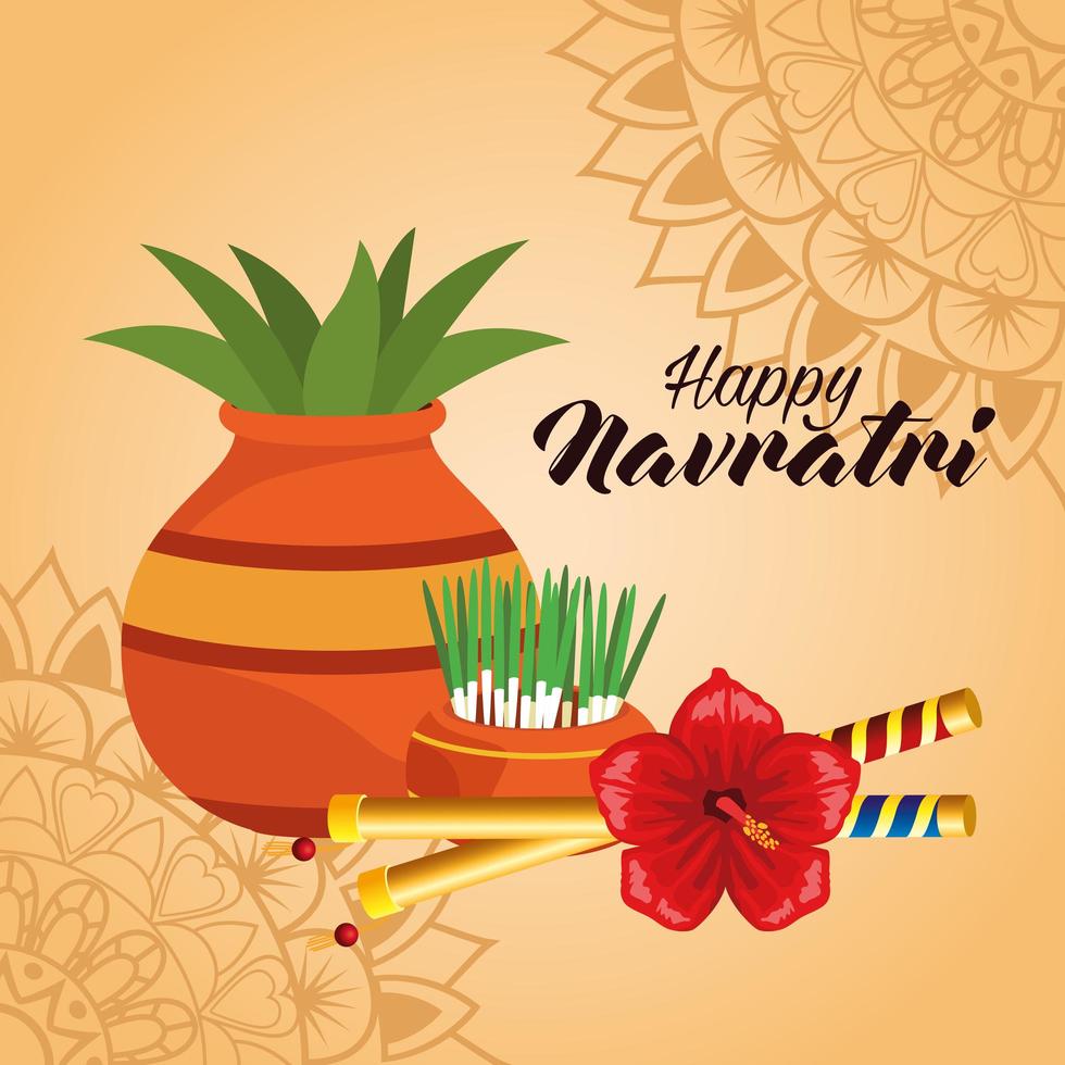 happy navratri celebration card with houseplant and sticks vector