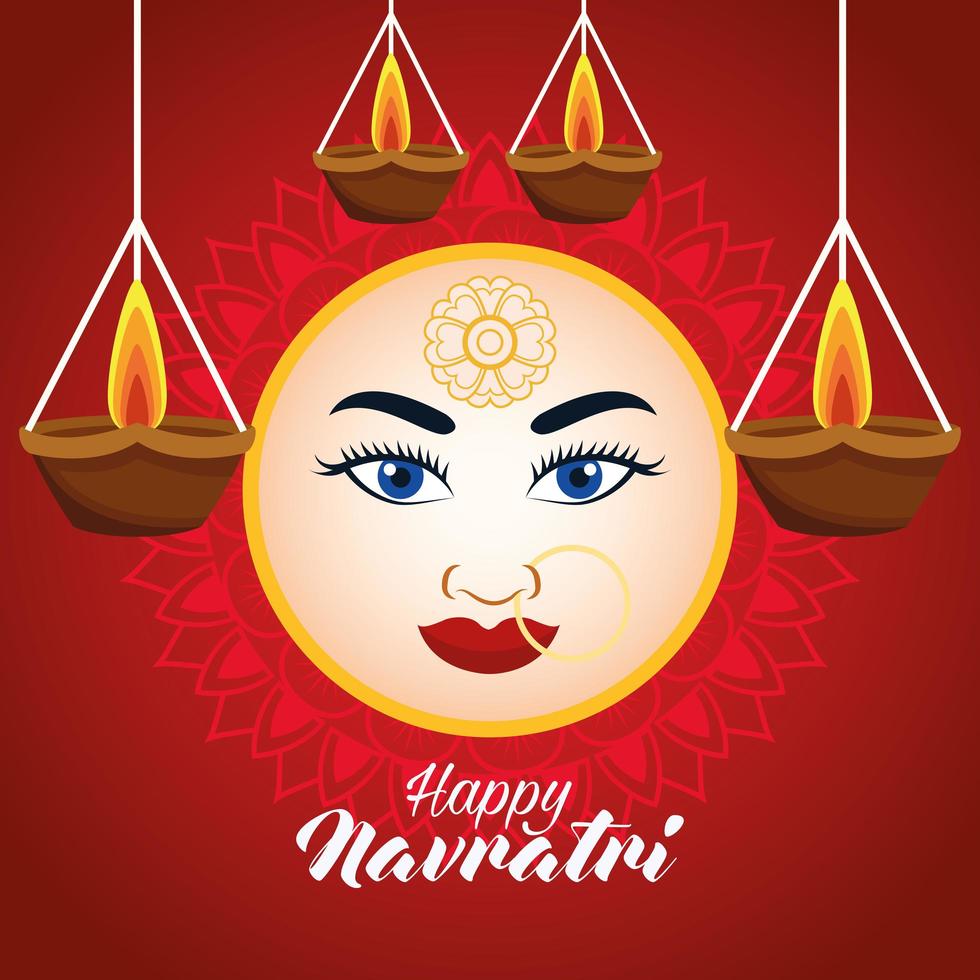 happy navratri celebration card with beautiful goddess face and candles hanging vector