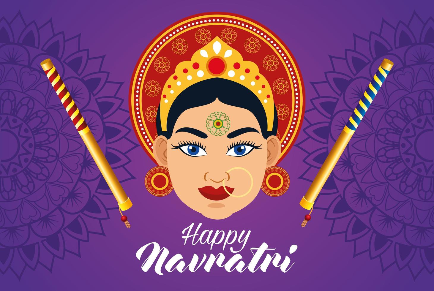 happy navratri celebration card with beautiful goddess and sticks vector