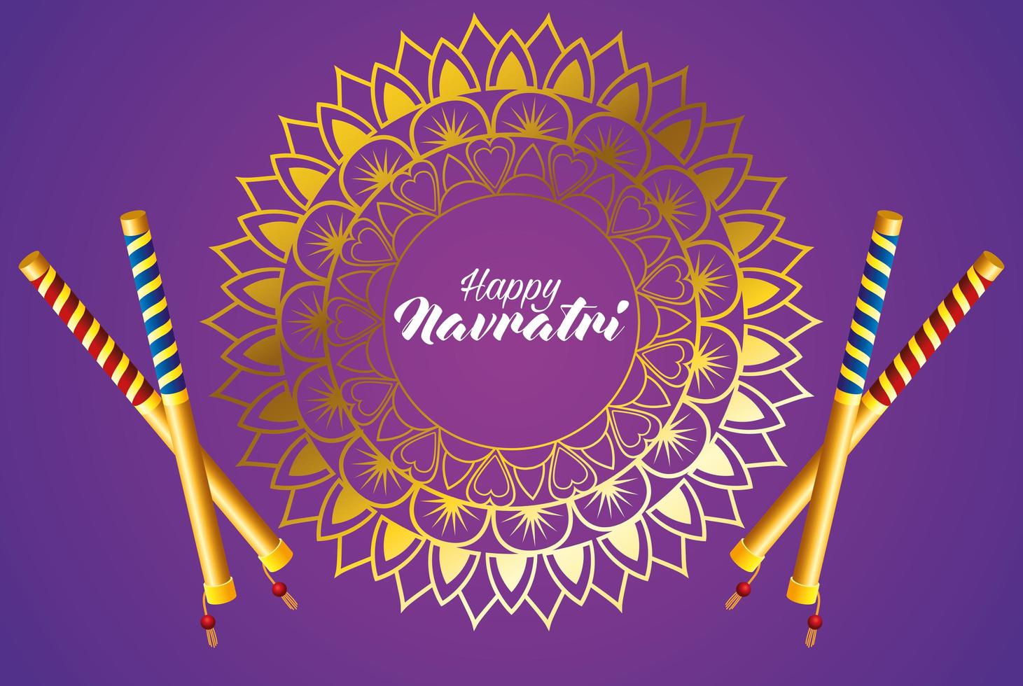 happy navratri celebration card with sticks and golden mandala vector