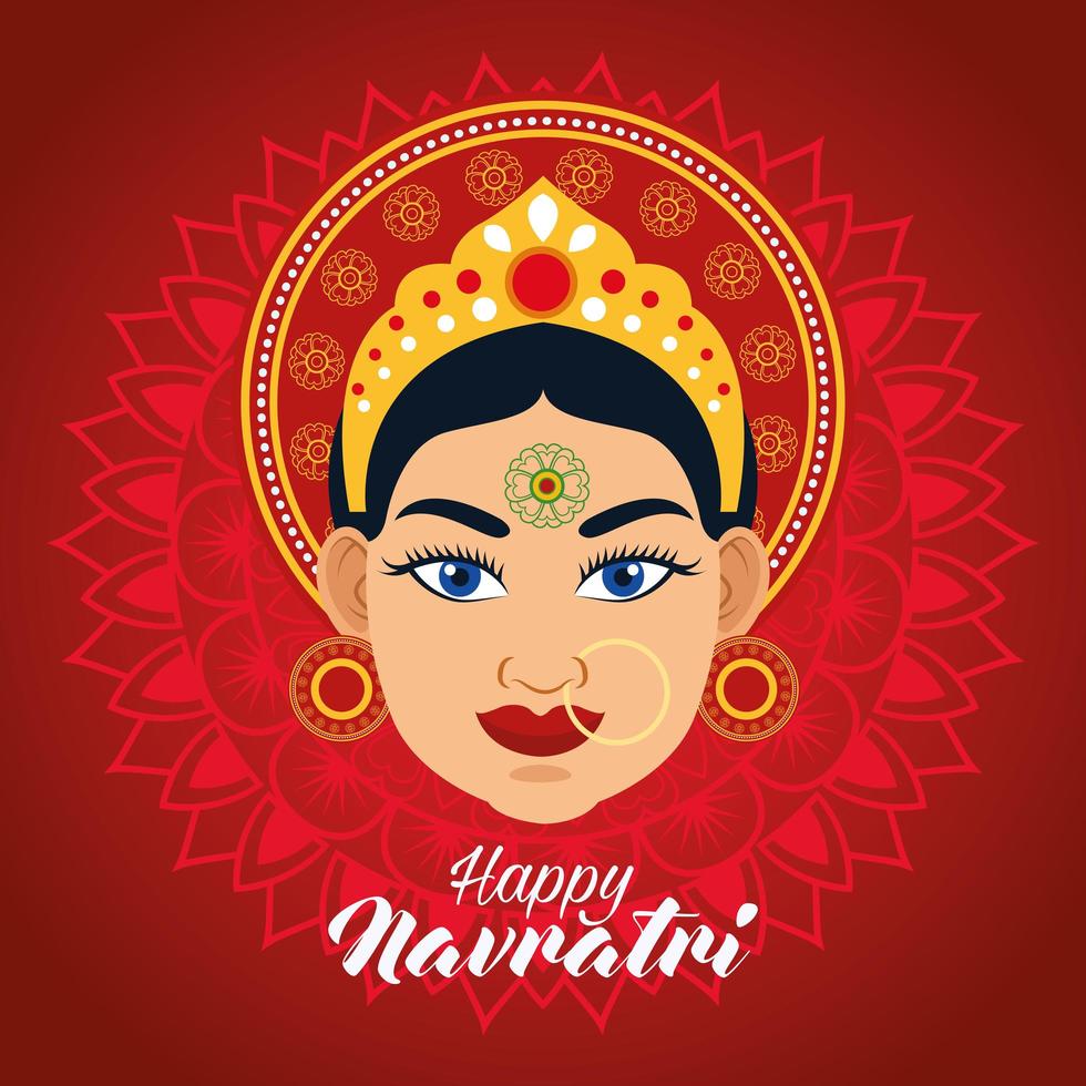 happy navratri celebration card with beautiful goddess in red background vector