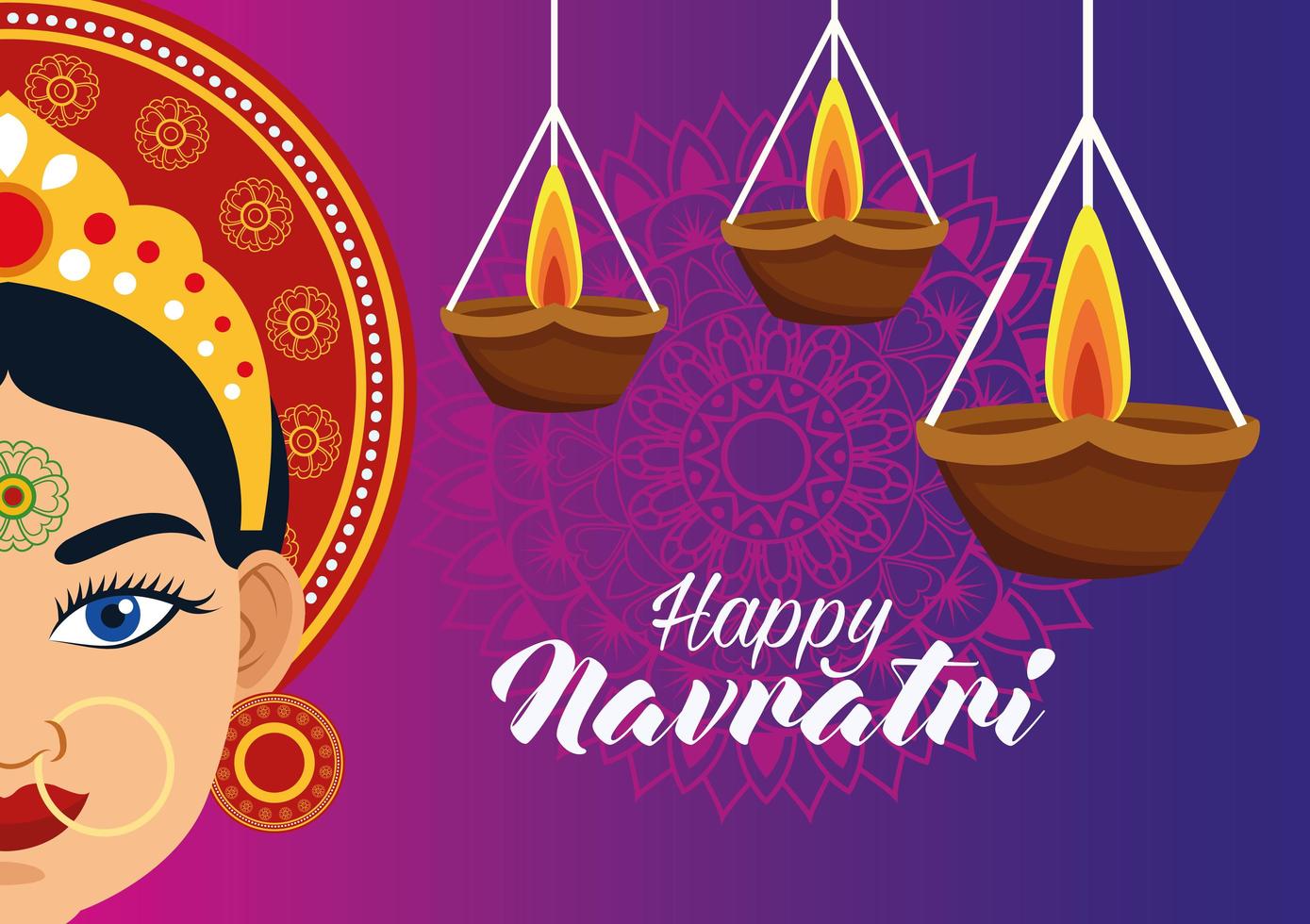 feliz tarjeta de celebración navratri con hermosa diosa y velas vector