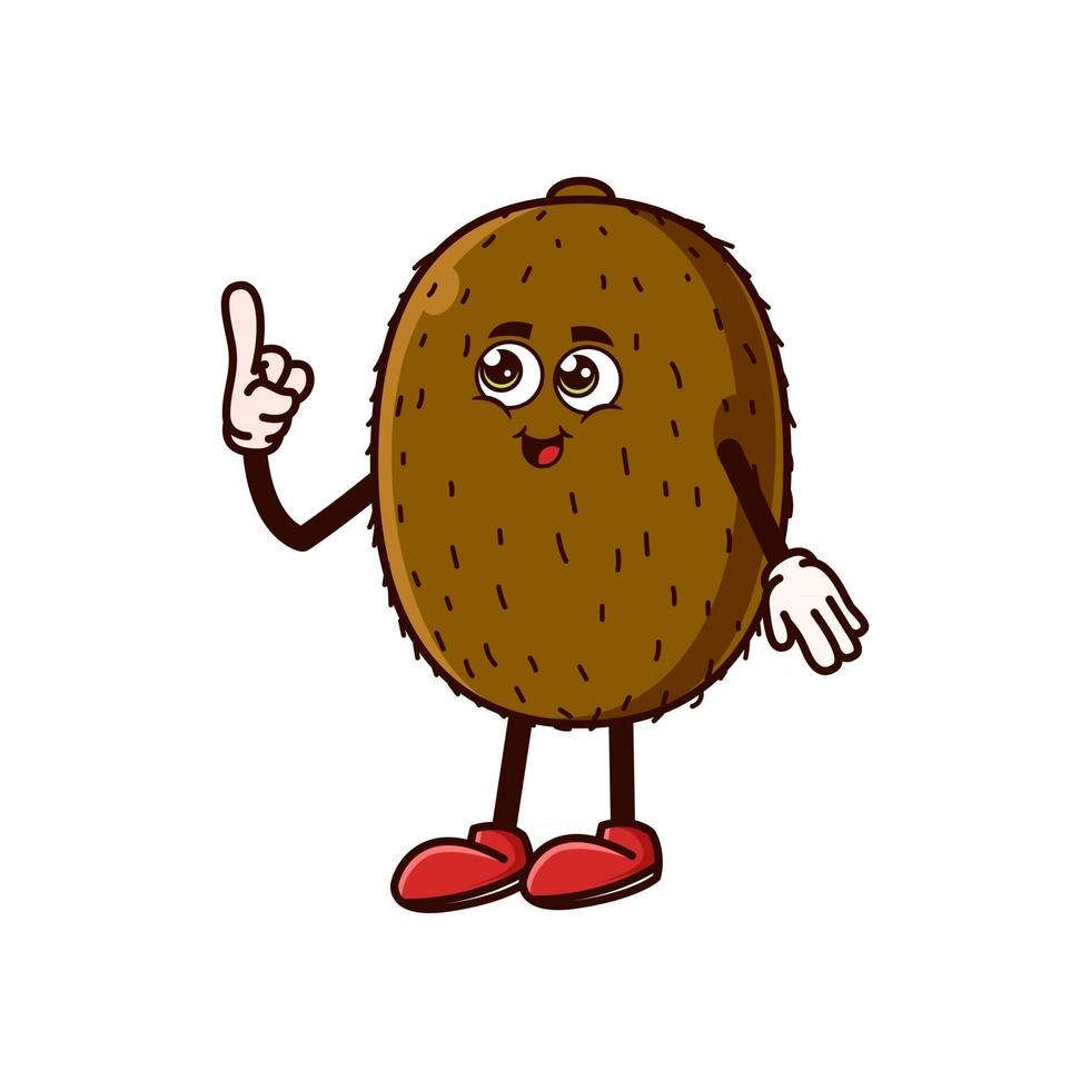 Lindo personaje de kiwi con cara feliz y gesto apuntando hacia arriba vector