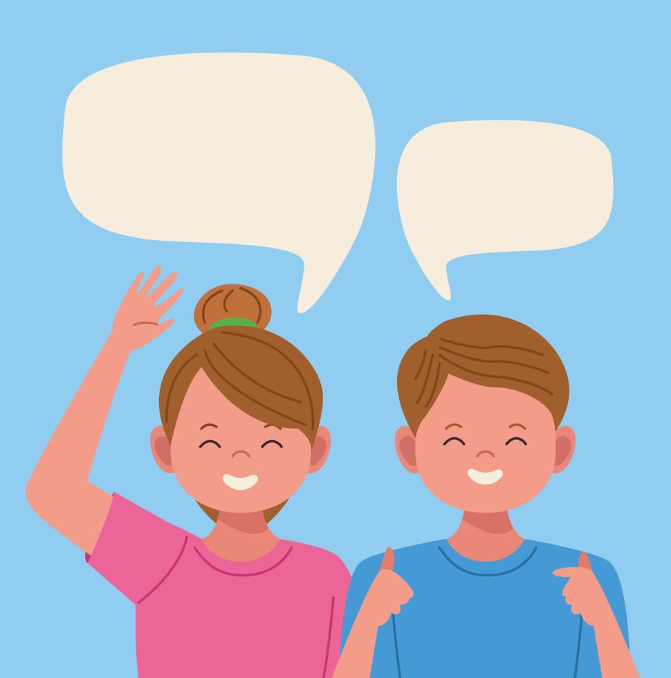 young couple lovers with speech bubbles vector