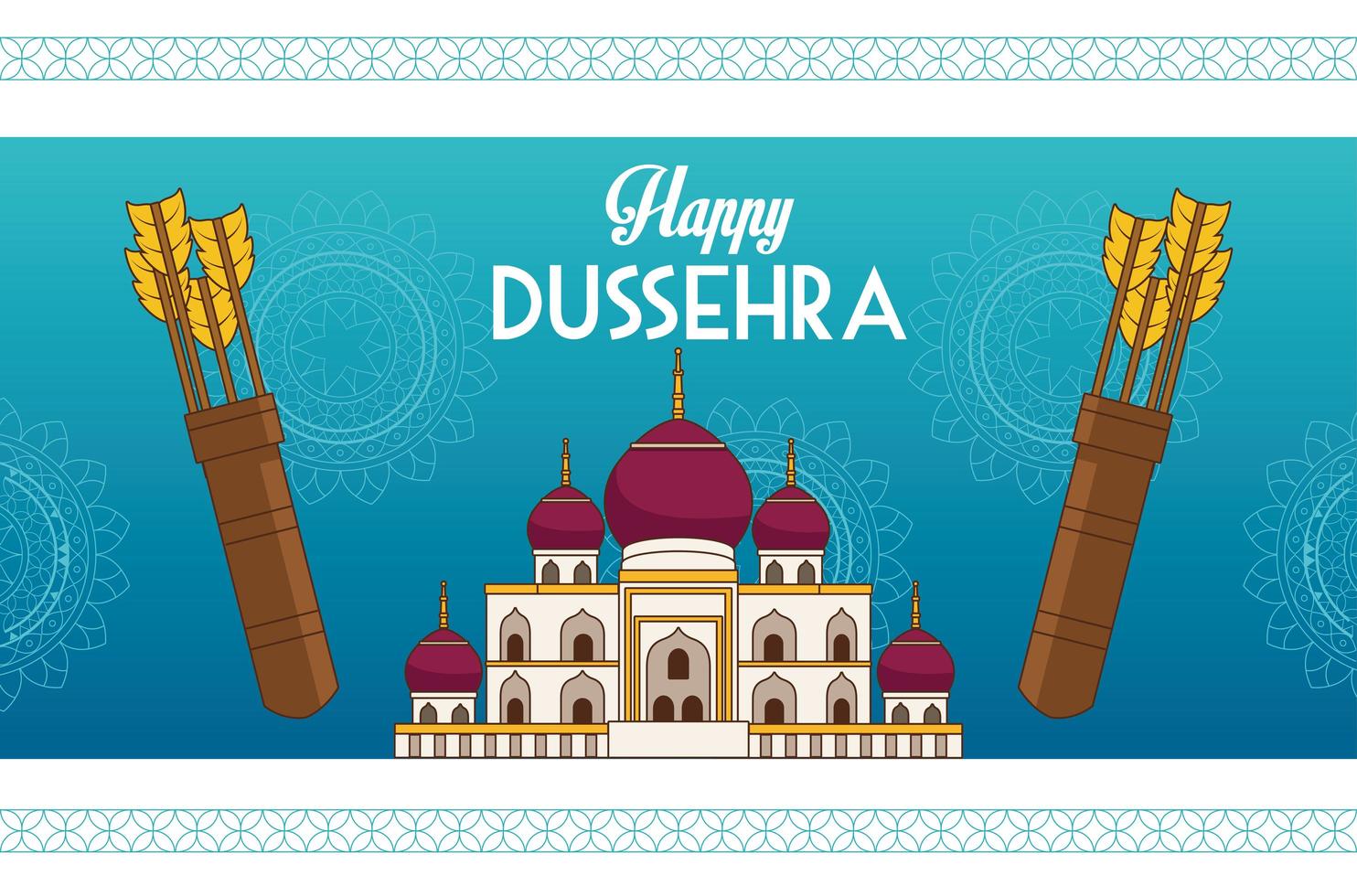 cartel del festival feliz dussehra con edificio de mezquita y bolsas de flechas vector