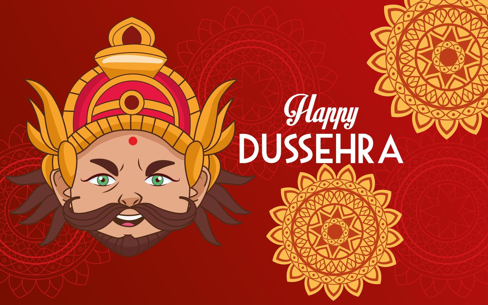 feliz cartel del festival dussehra con cabeza de ravana y mandalas vector