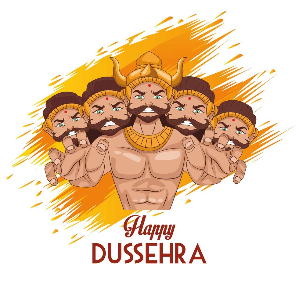 feliz cartel del festival dussehra con ravana de diez cabezas y letras vector