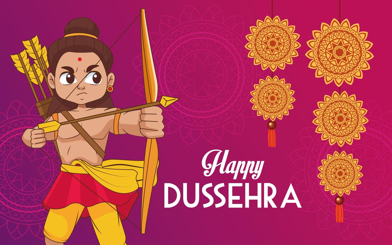 happy dussehra festival poster with rama character and mandalas hanging vector
