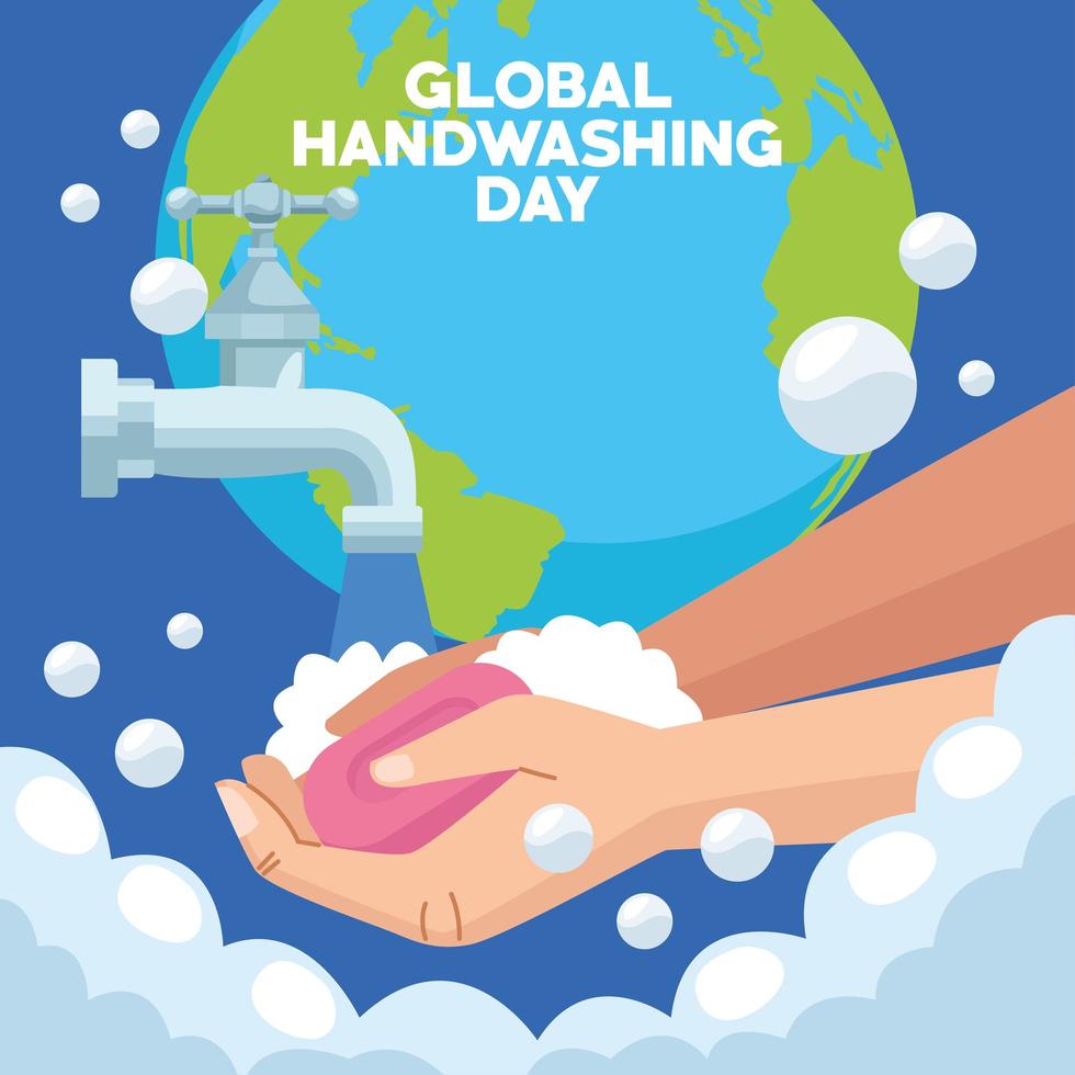 global handwashing day campaign with hands and soap bar in earth planet vector