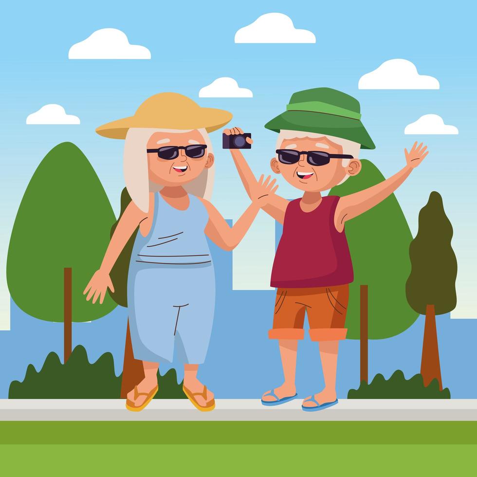 old couple tourist with camera photographic in the camp active seniors vector