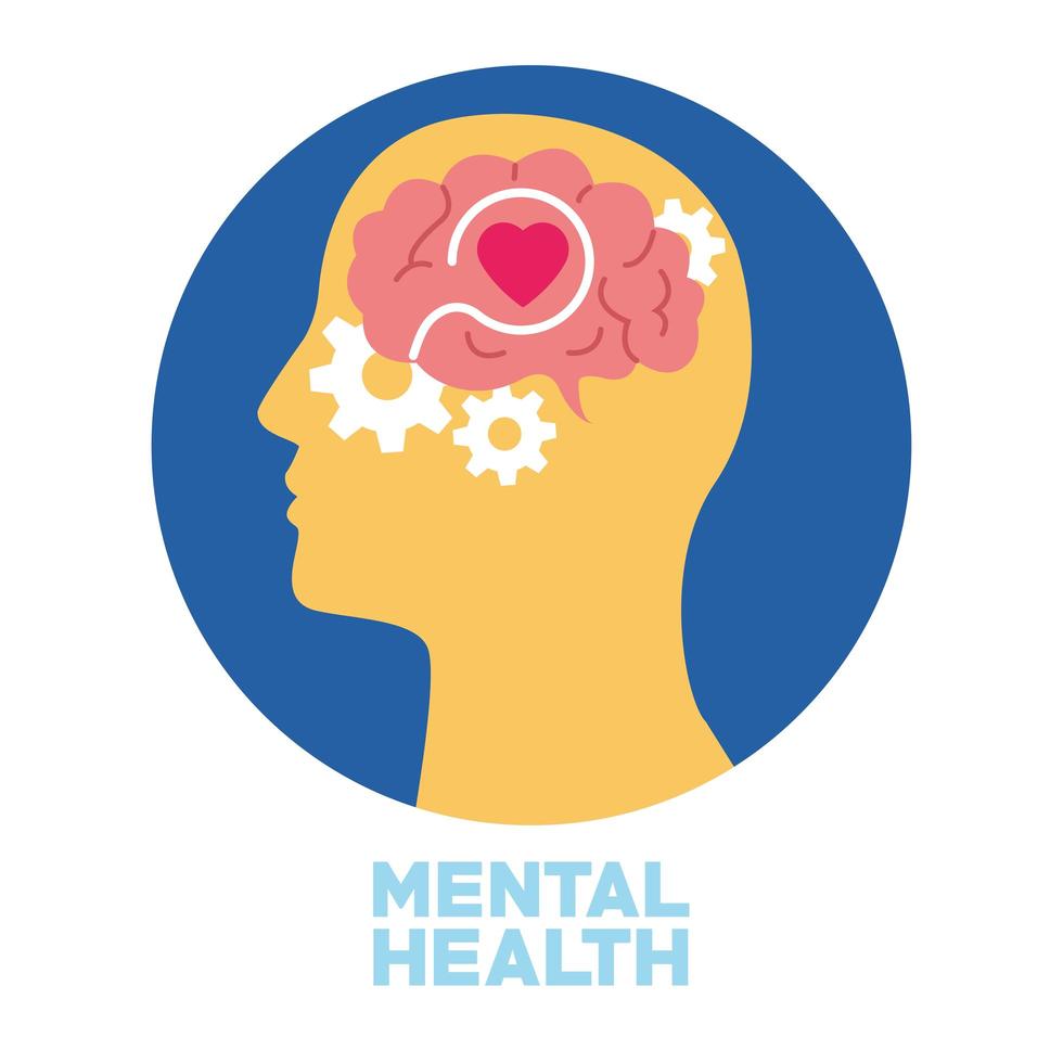 mental health day human profile and gears with heart in brain vector