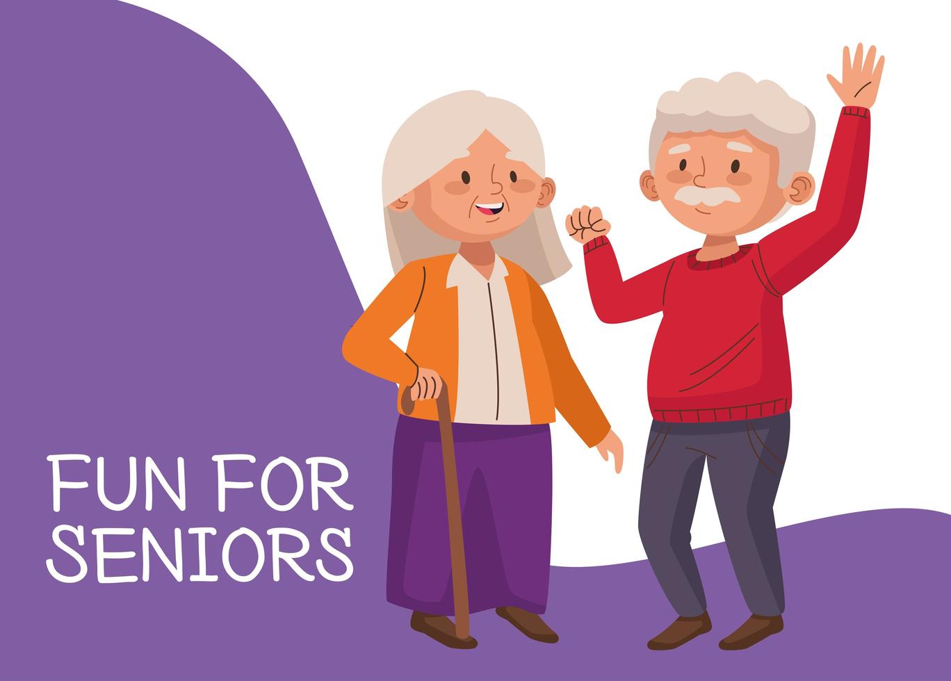 old couple with cane and lettering active seniors characters vector