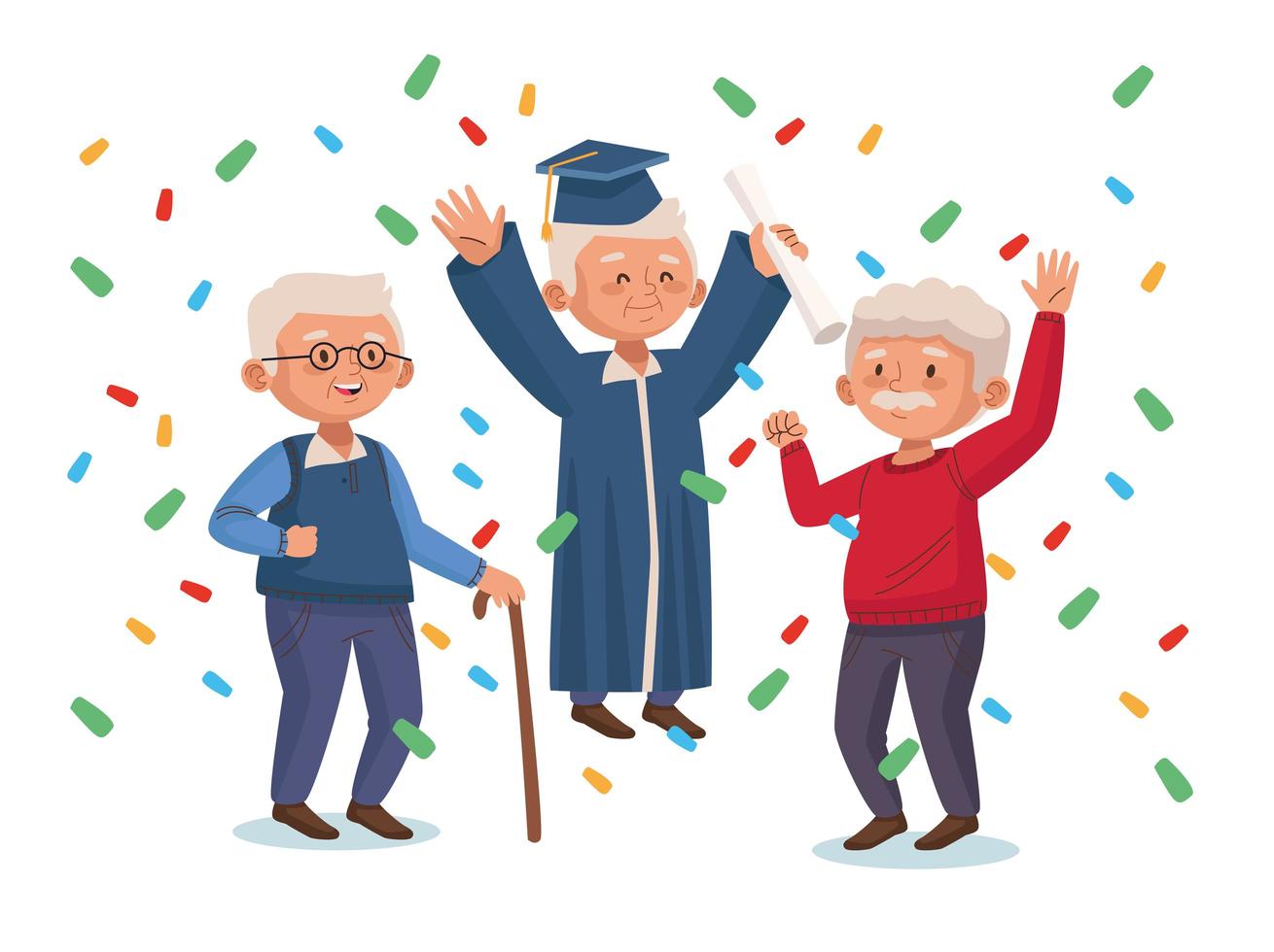 old men group with confetti active seniors characters vector