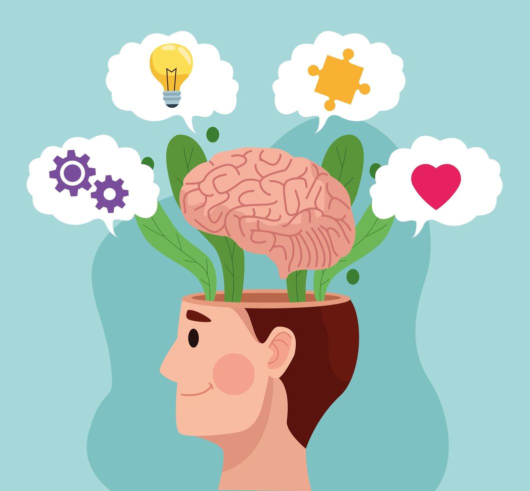 mental health day man profile and brain with set items vector