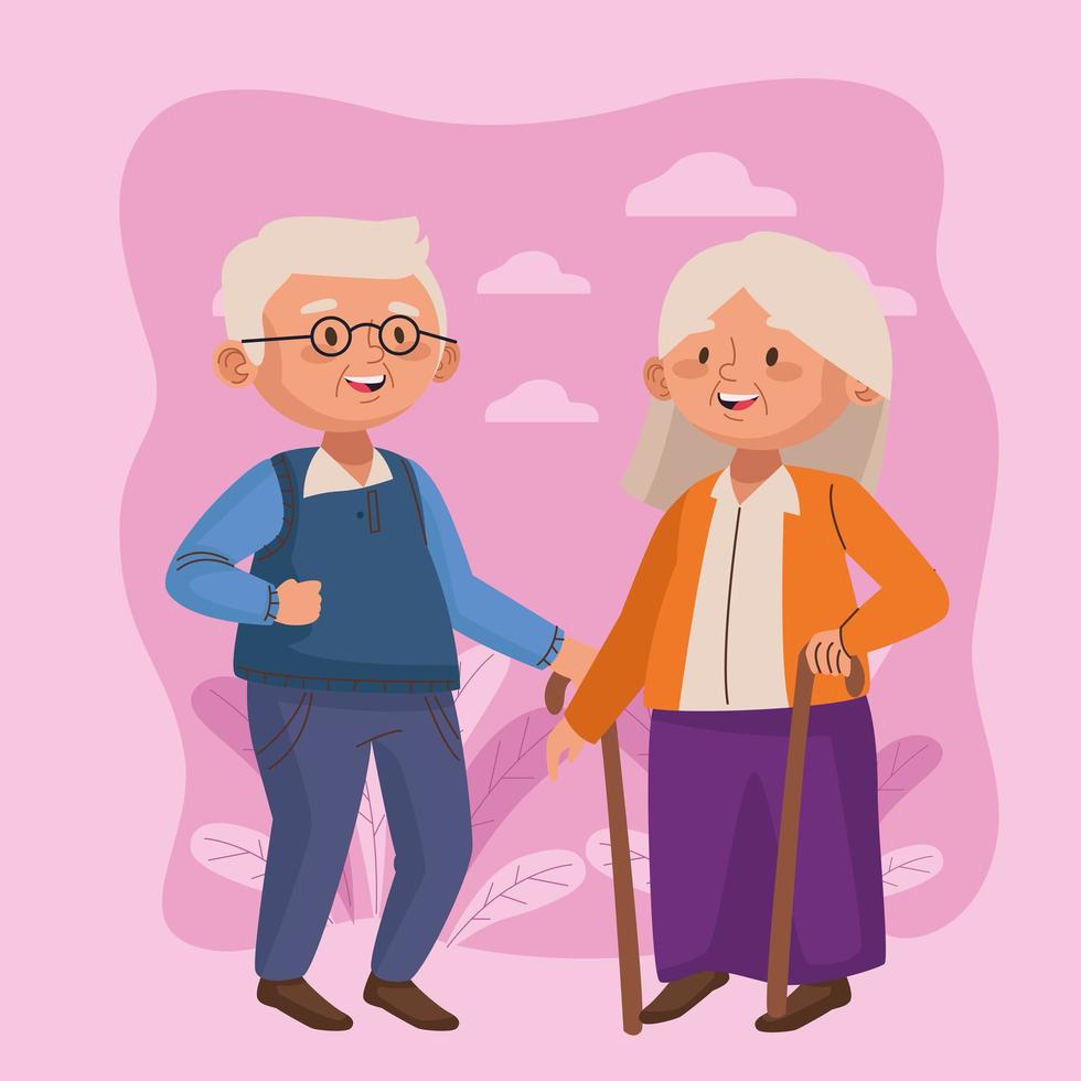 pareja de ancianos caminando con bastones escena de personajes de personas mayores activas vector