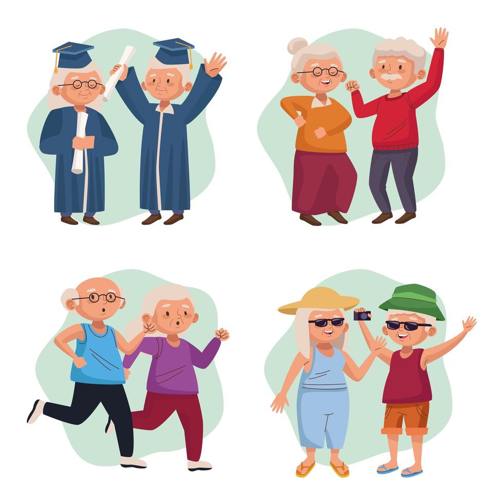 old couples group active seniors characters vector