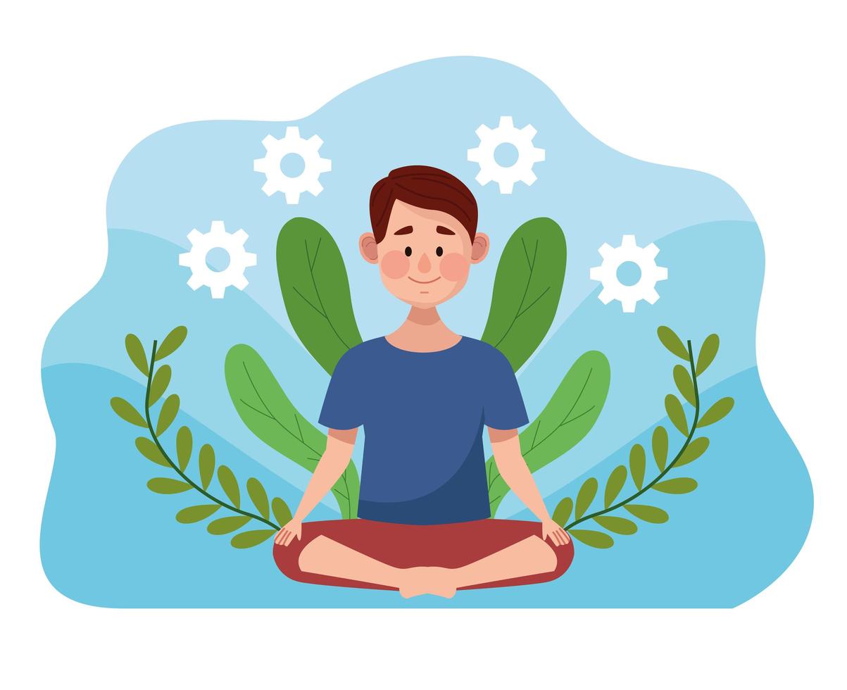 young man in lotus position with leafs scene and gears vector
