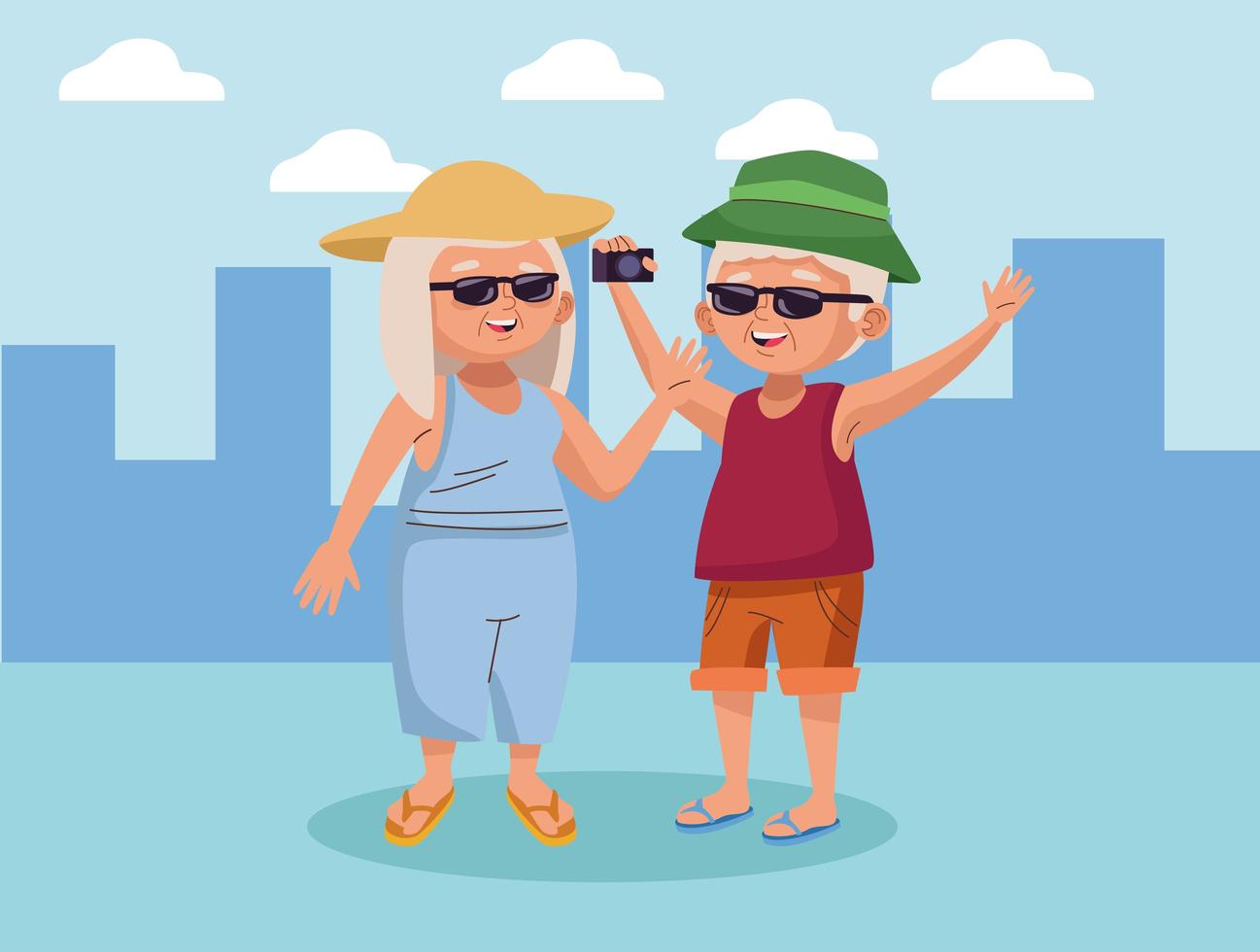 old couple tourist with camera photographic on the city active seniors vector