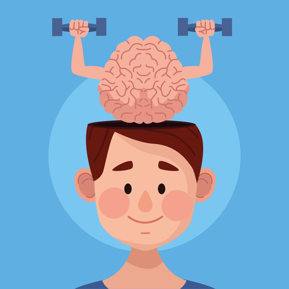 mental health day man with brain lifting dumbbells vector