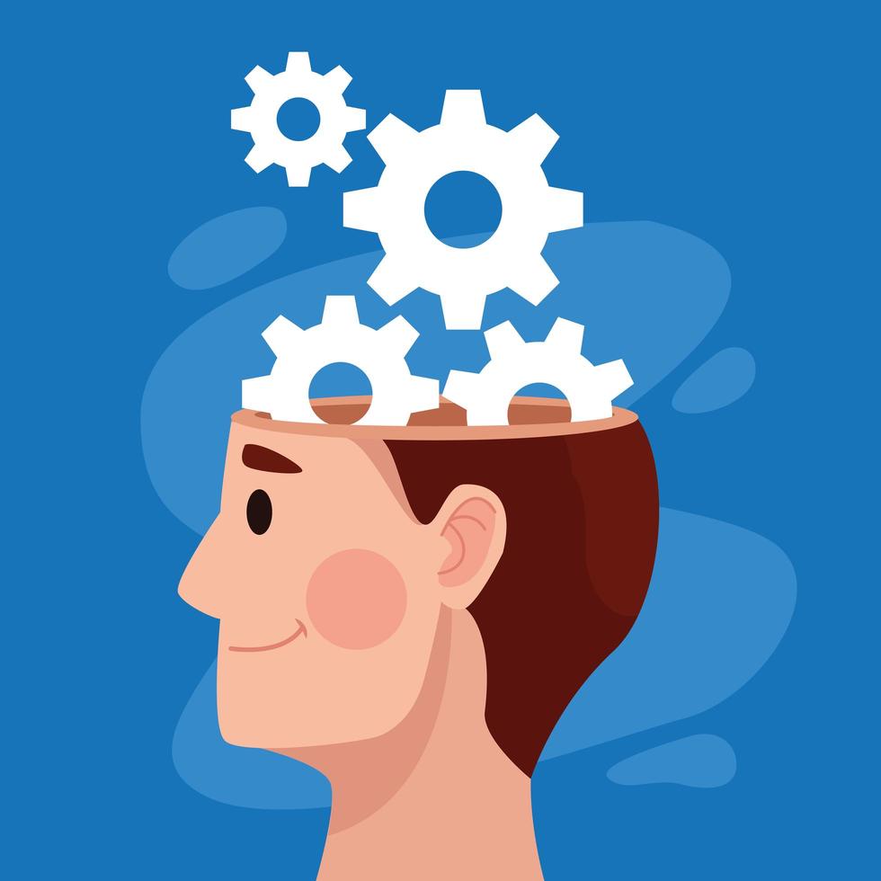 mental health day man profile and gears machinery vector