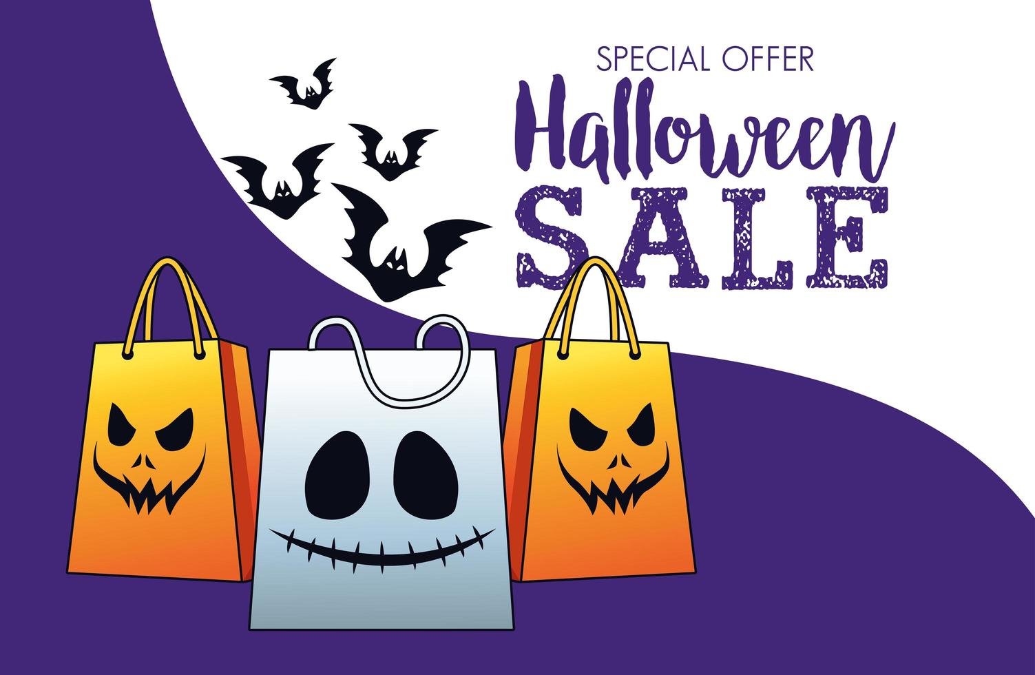 halloween sale seasonal poster with shopping bags and bats flying vector
