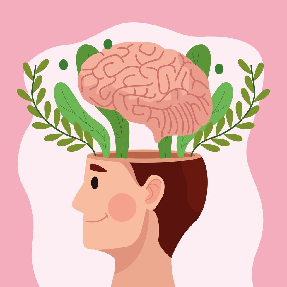 mental health day man profile and brain with leafs vector