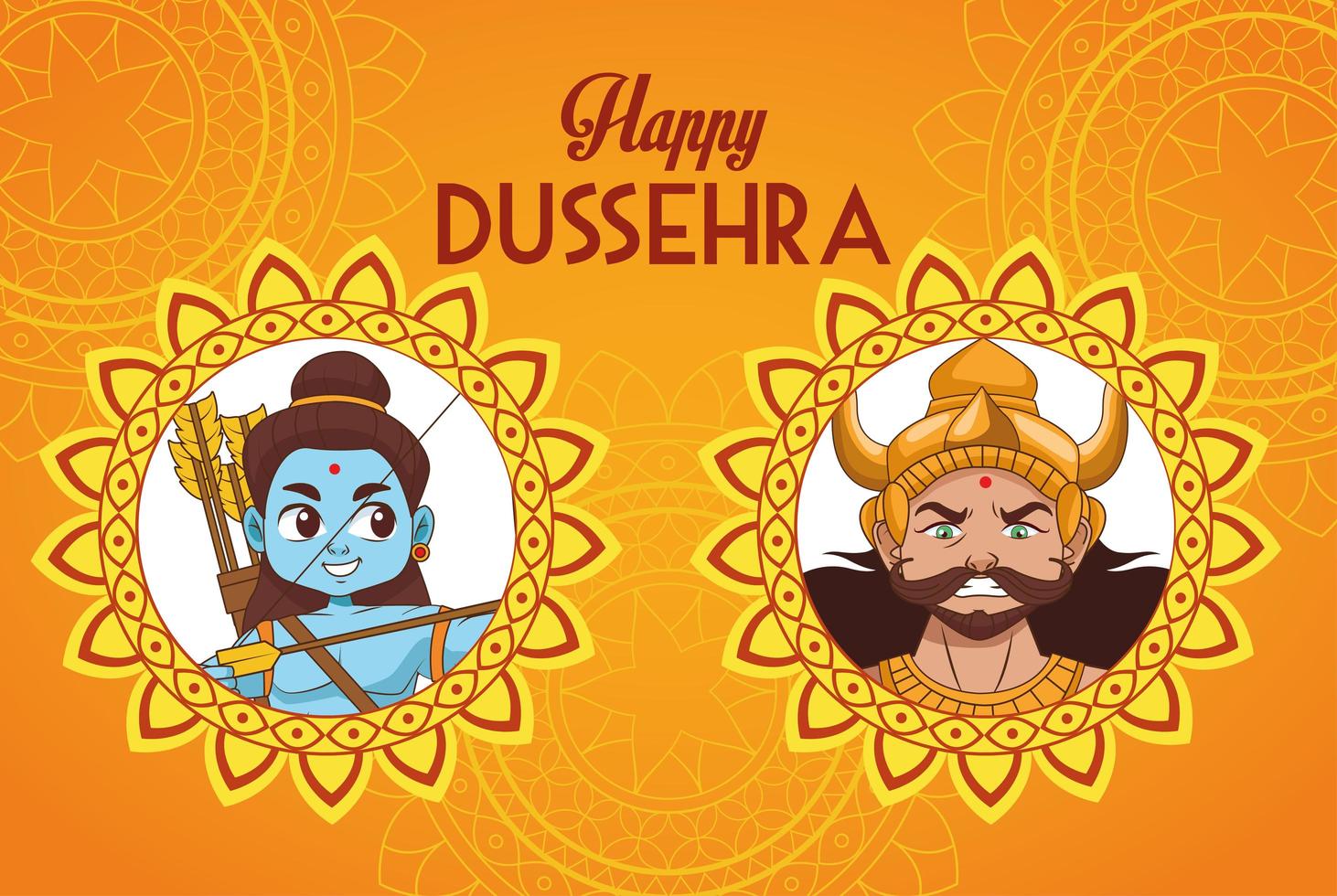 feliz cartel del festival dussehra con personajes azules rama y ravana vector