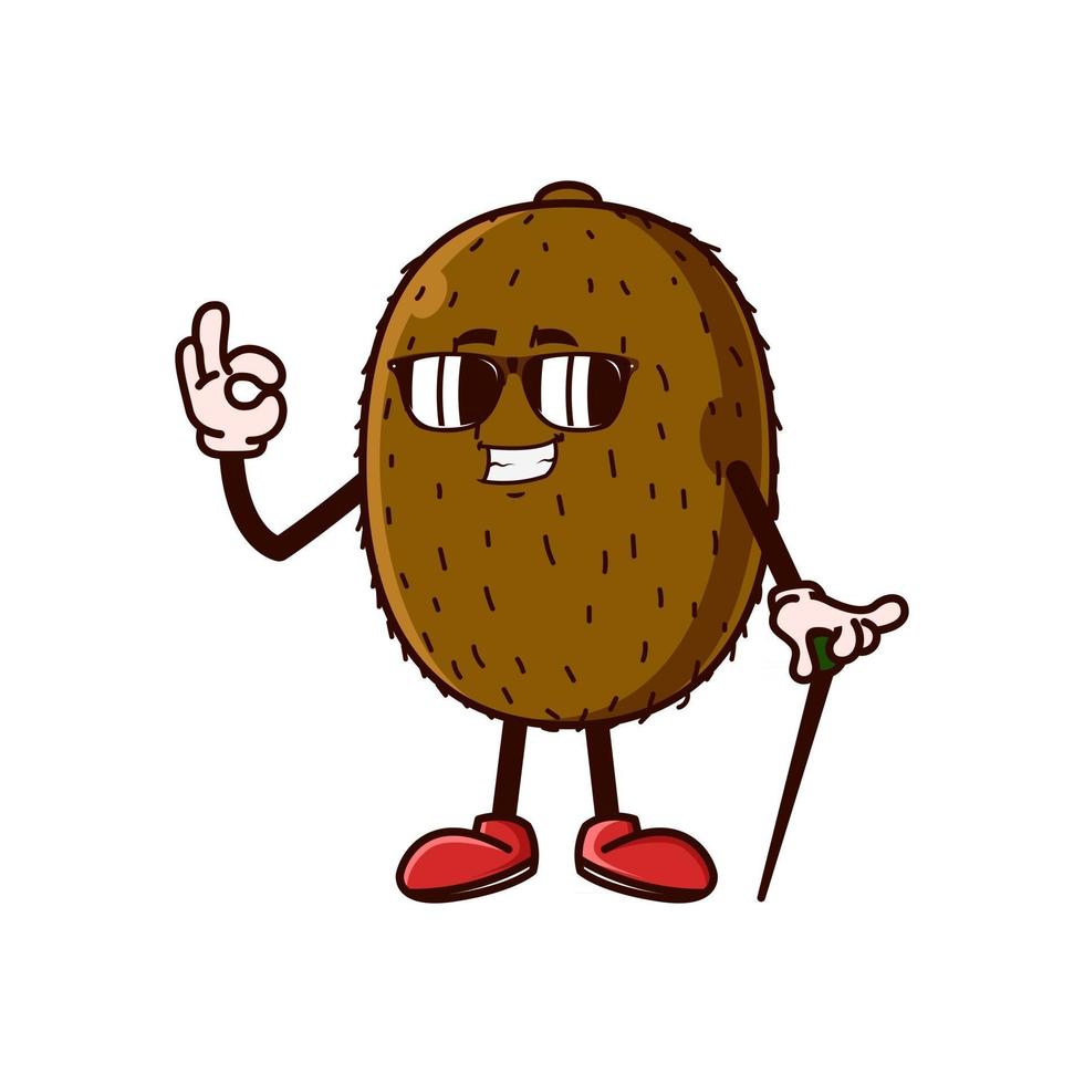 Lindo personaje de kiwi con gafas y gesto de mano ok vector