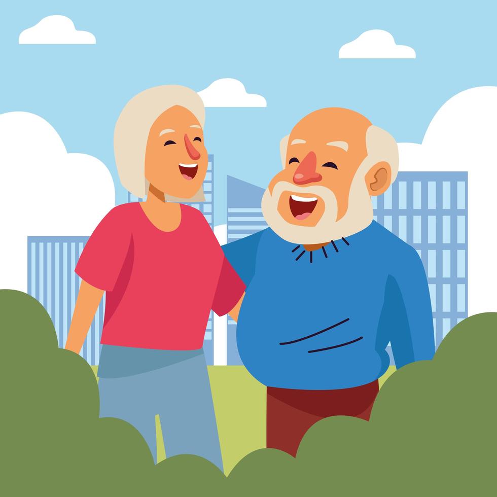 pareja de ancianos felices en la ciudad personajes de personas mayores activas vector