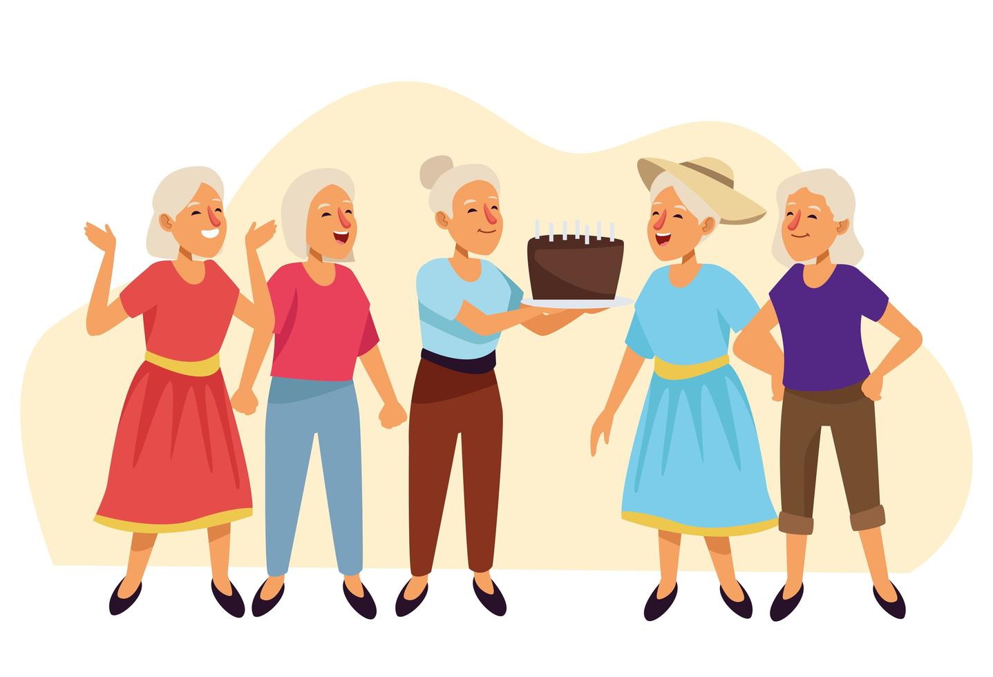 old women with sweet cake active seniors characters vector