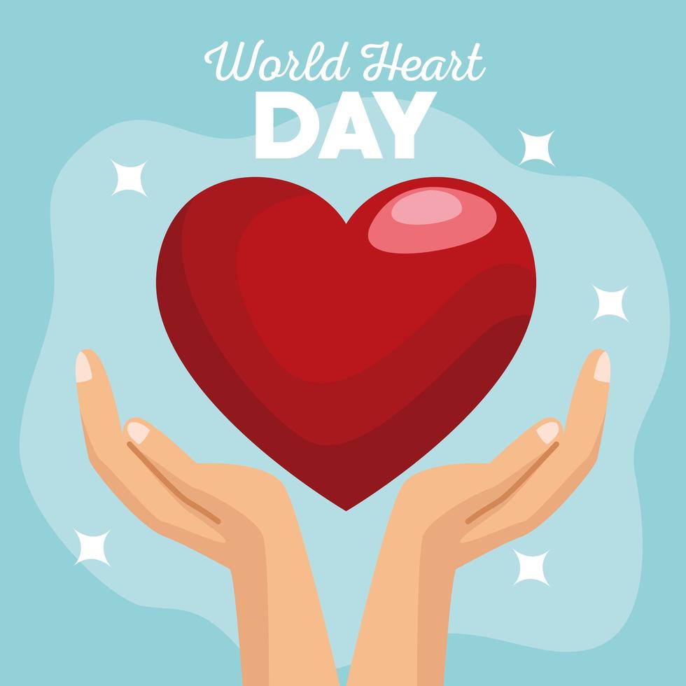 world heart day lettering with hands protecting heart in blue background vector