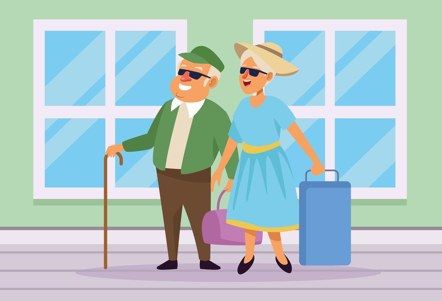 old couple with suitcases in the house active seniors characters vector