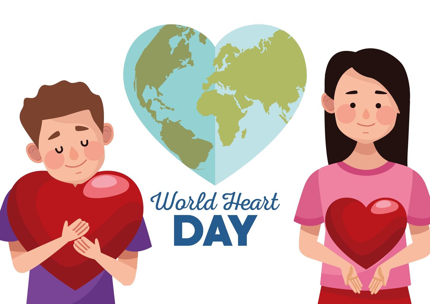 world heart day lettering with couple hugging hearts and heartshaped earth vector