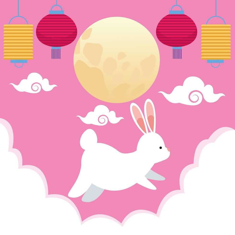 mid autumn festival celebration with rabbit and lanterns hanging vector