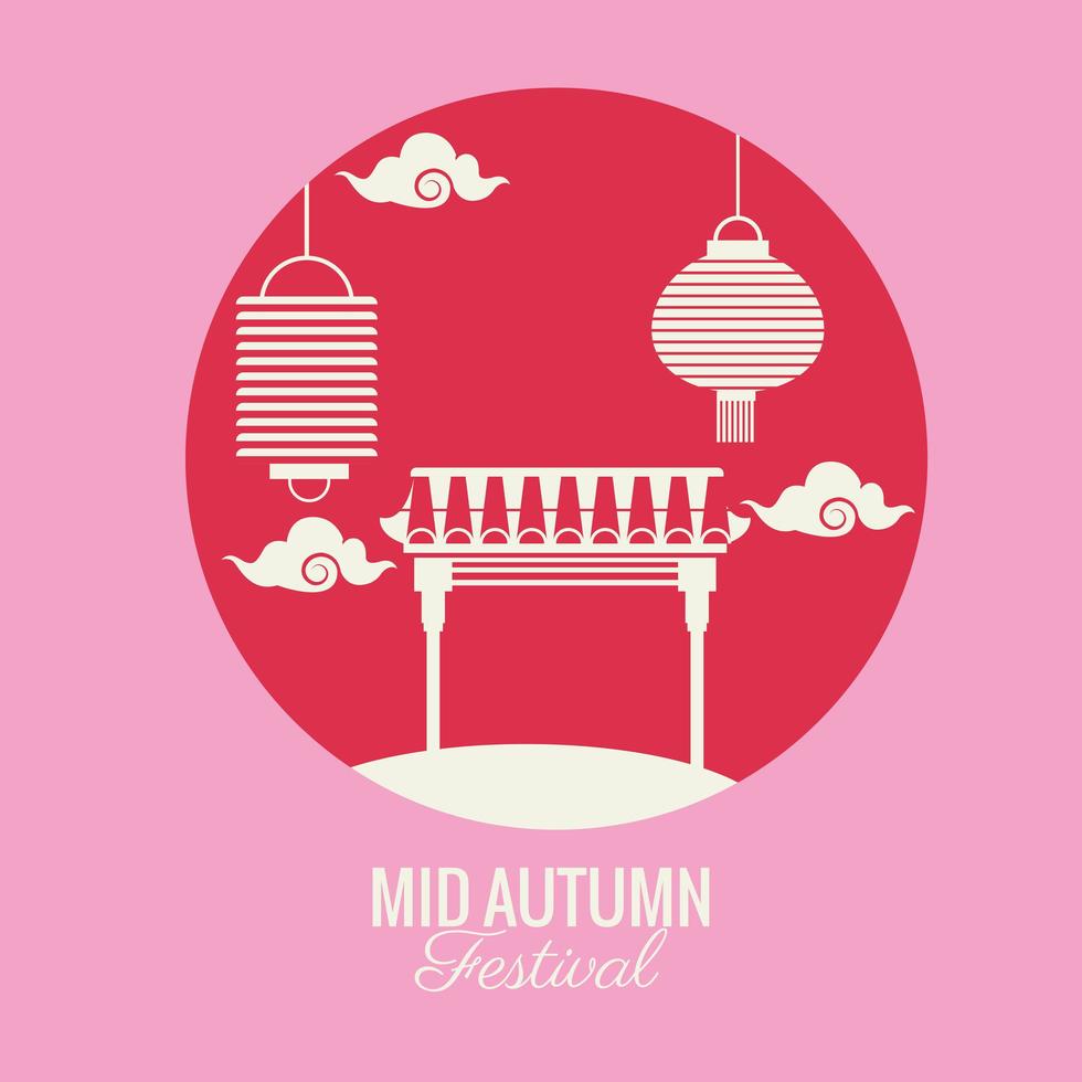 celebración del festival del medio otoño con arco y lámparas colgando vector