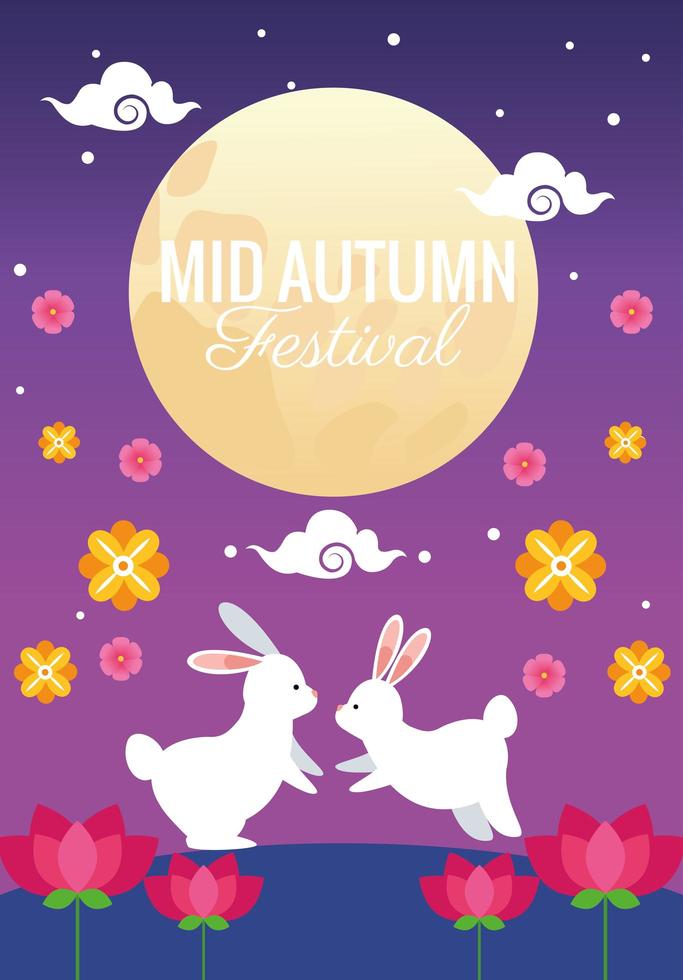 mid autumn festival celebration with rabbits couple in garden vector