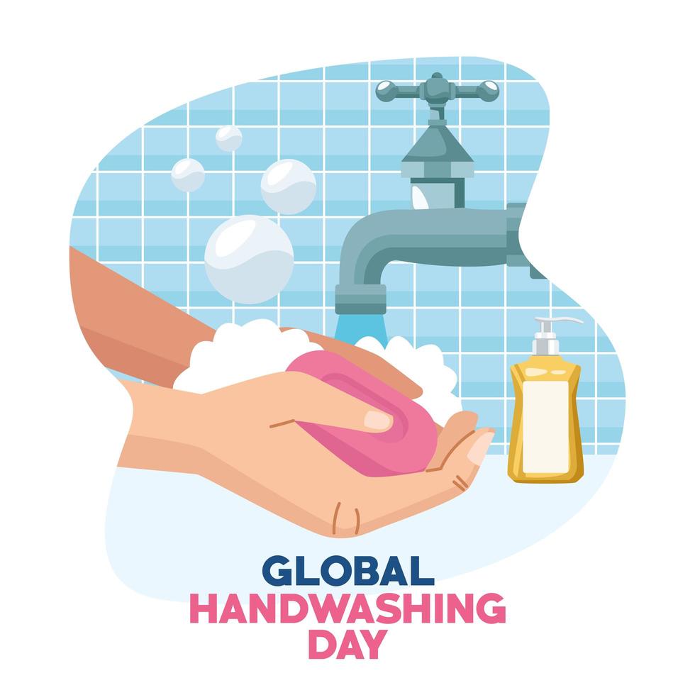 global handwashing day campaign with hands using soap bar and water faucet vector