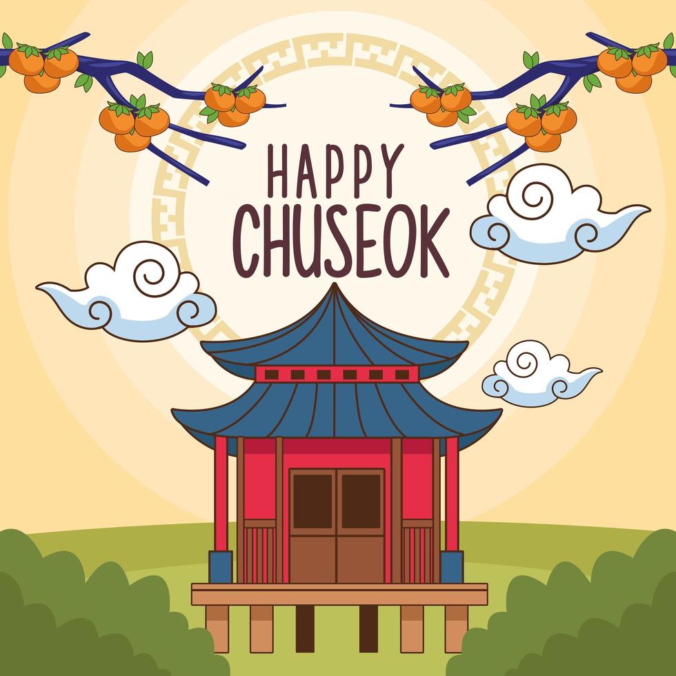 happy chuseok celebration with chinese building in landscape vector