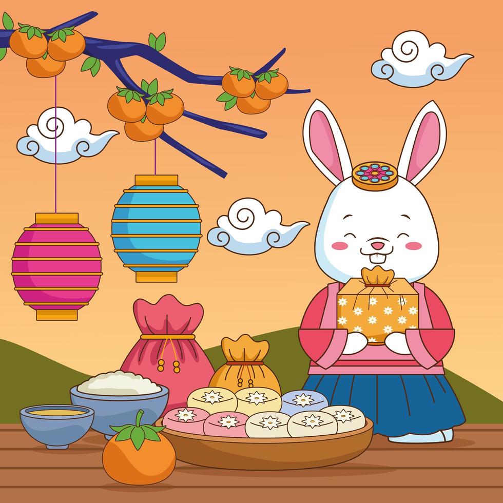 Feliz celebración de chuseok con comida y regalo de elevación de conejo vector