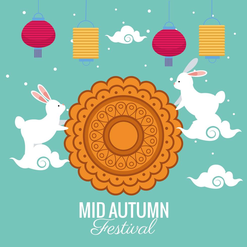 mid autumn festival celebration with lace decorative and rabbits vector