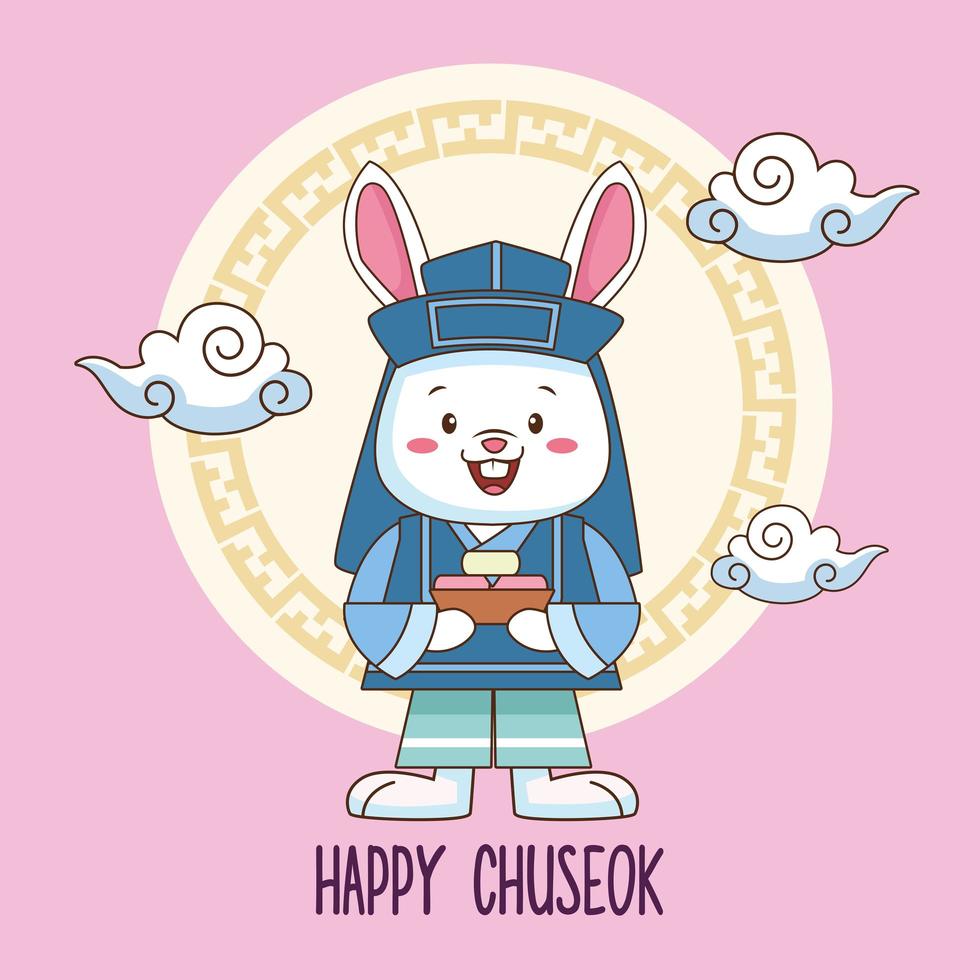 feliz celebración chuseok con conejo levantando dulces y nubes vector
