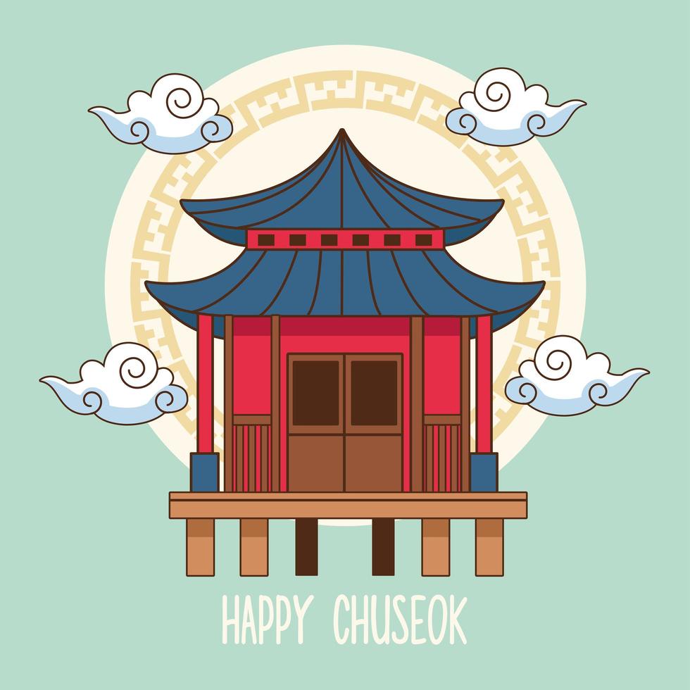 feliz celebración chuseok con edificio chino y nubes vector