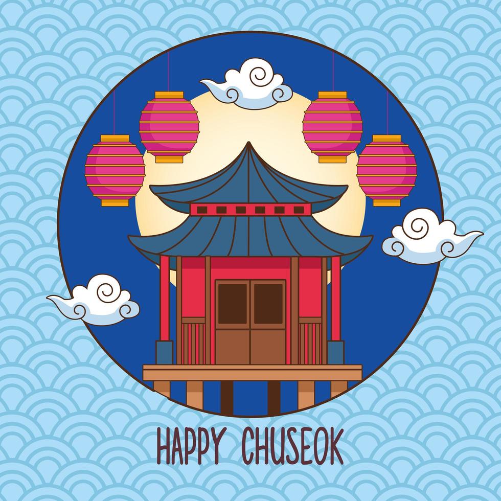 feliz celebración chuseok con edificio chino y linternas vector